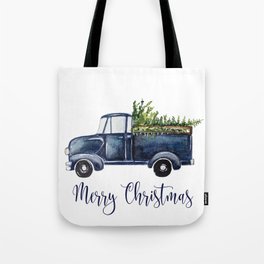 Blue Christmas Truck Tote Bag