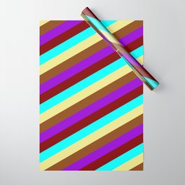[ Thumbnail: Vibrant Maroon, Aqua, Tan, Brown, and Dark Violet Colored Pattern of Stripes Wrapping Paper ]