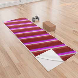 [ Thumbnail: Eye-catching Purple, Fuchsia, Light Grey, Red, and Maroon Colored Striped/Lined Pattern Yoga Towel ]