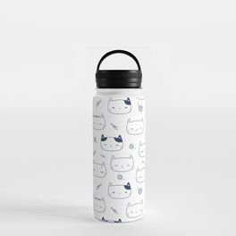 Navy Blue Doodle Kitten Faces Pattern Water Bottle