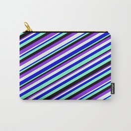[ Thumbnail: Vibrant Blue, Aquamarine, Black, Purple, and Mint Cream Colored Lined Pattern Carry-All Pouch ]