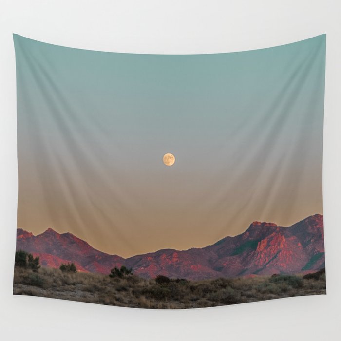 Sunset Moon Ridge // Grainy Red Mountain Range Desert Landscape Photography Yellow Fullmoon Blue Sky Wall Tapestry