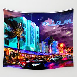 Miami South Beach Art Deco Mixed Media Art Wall Tapestry