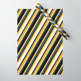 [ Thumbnail: Orange, Mint Cream, Dark Slate Gray, and Black Colored Lined/Striped Pattern Wrapping Paper ]