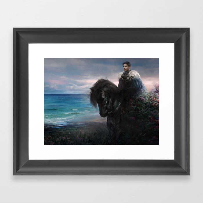 Knight on black Friesian horse Framed Art Print