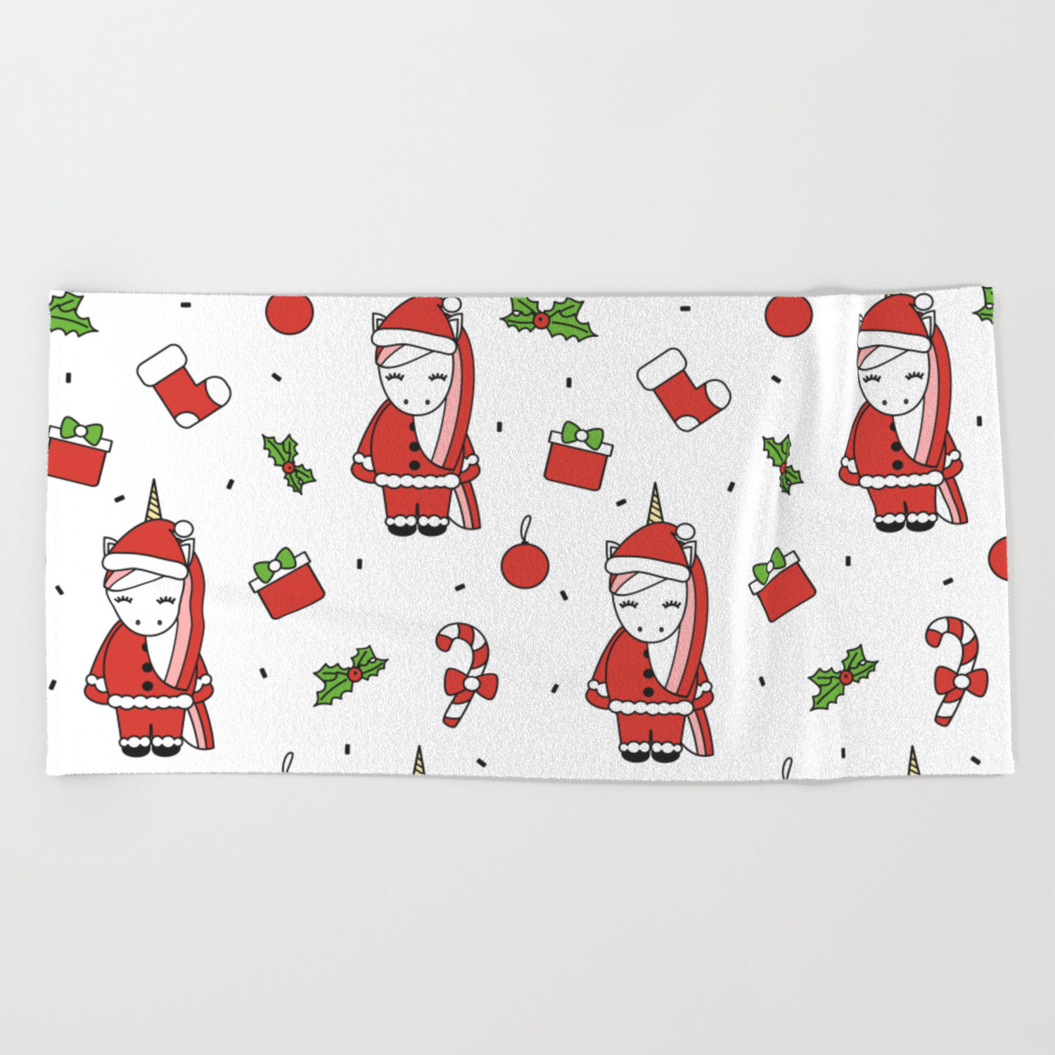 Cute Cartoon Christmas Pattern Illustration With Santa Unicorns Gift Boxes Socks Mistletoe Beach Towel By Alicevacca Society6