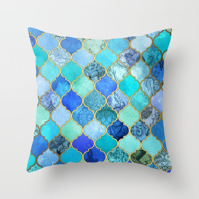 Cobalt Blue, Aqua & Gold Decorative Moroccan Tile Pattern Throw Pillow