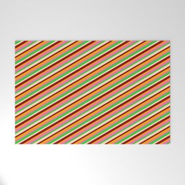 [ Thumbnail: Vibrant Hot Pink, Lime Green, Bisque, Dark Red & Orange Colored Lined Pattern Welcome Mat ]