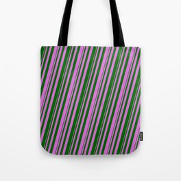 [ Thumbnail: Orchid & Dark Green Colored Lined/Striped Pattern Tote Bag ]