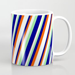 [ Thumbnail: Light Green, Blue, Red & Mint Cream Colored Stripes Pattern Coffee Mug ]