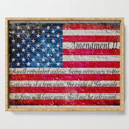 Distressed American Flag and 2nd Amendment On White Bricks Wall Serving Tray | Constitution, Freedom, Secondamendment, 2Ndamendment, Redwhiteandblue, Americanflag, Curated, Graphicdesign, Gunrights, Giftforgunlover 