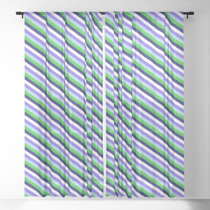 Colorful Medium Slate Blue, Light Blue, Lime Green, Midnight Blue, and White Colored Striped Pattern Sheer Curtain