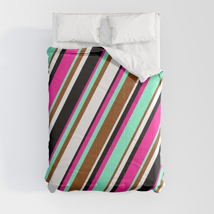 Vibrant Deep Pink, Aquamarine, Brown, White, and Black Colored Striped Pattern Comforter
