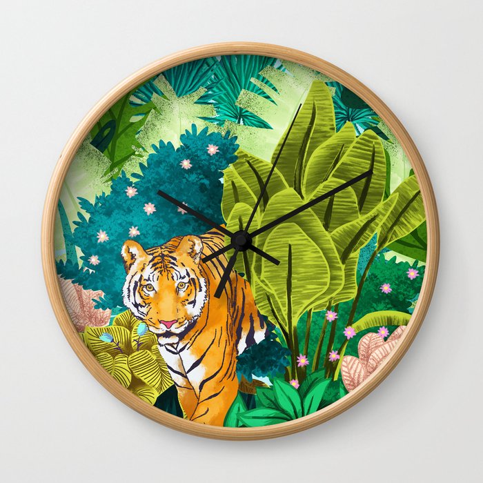 Jungle Tiger | Modern Bohemian Colorful Forest | Tropical Botanical Nature Watercolor Painting Wall Clock