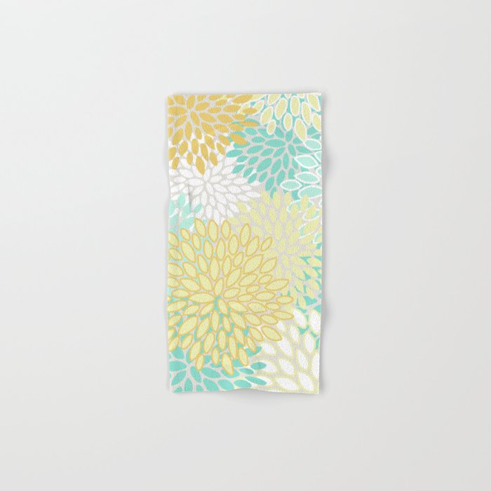 Floral Prints, Mint Green and Yellow, Modern Print Art Hand & Bath Towel