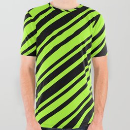 [ Thumbnail: Light Green & Black Colored Lined Pattern All Over Graphic Tee ]