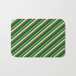 [ Thumbnail: Beige, Dim Gray & Dark Green Colored Lined Pattern Bath Mat ]