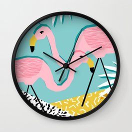 Bro - wacka design memphis throwback minimal retro hipster 1980s 80s neon pop art flamingo lawn Wall Clock