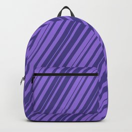 [ Thumbnail: Purple and Dark Slate Blue Colored Striped Pattern Backpack ]