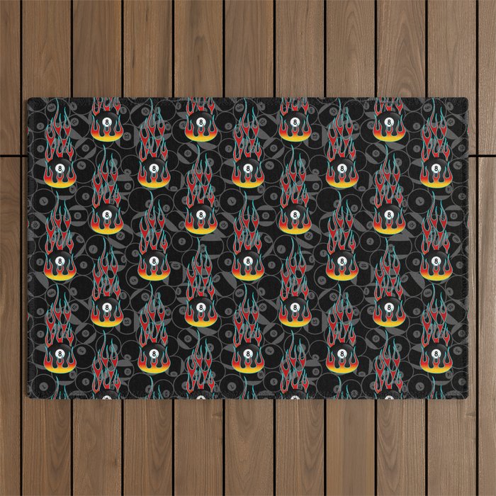 Black - Red Flamming 8 ball  Outdoor Rug