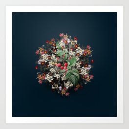 Vintage Red Berries Flower Wreath on Teal Blue Art Print