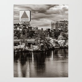 Boston Citgo Sign Over Kenmore Square and Charles River In Sepia Poster