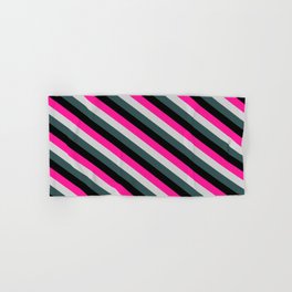 [ Thumbnail: Deep Pink, Light Grey, Dark Slate Gray & Black Colored Lines/Stripes Pattern Hand & Bath Towel ]