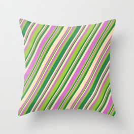 [ Thumbnail: Orchid, Green, Sea Green, and Beige Colored Stripes Pattern Throw Pillow ]