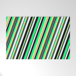 [ Thumbnail: Vibrant Green, Tan, Dark Slate Gray, White, and Black Colored Striped/Lined Pattern Welcome Mat ]