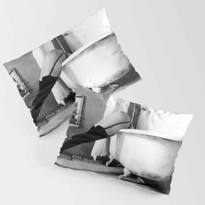 Head Over Heals - Female in Stockings in Vintage Parisian Bathtub black and white photography - photographs wall decor Pillow Sham