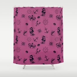 Magenta And Blue Silhouettes Of Vintage Nautical Pattern Shower Curtain