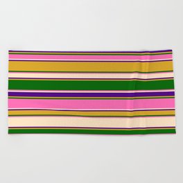 [ Thumbnail: Eyecatching Goldenrod, Dark Green, Hot Pink, Bisque & Indigo Colored Striped/Lined Pattern Beach Towel ]