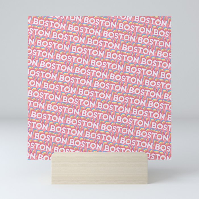 Boston, Massachusetts Trendy Rainbow Text Pattern (Pink) Mini Art Print