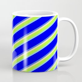 [ Thumbnail: Beige, Light Green, Sky Blue, Blue & Royal Blue Colored Pattern of Stripes Coffee Mug ]