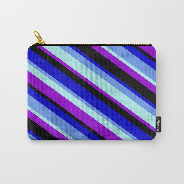 Colorful Blue, Cornflower Blue, Turquoise, Dark Violet, and Black Colored Pattern of Stripes Carry-All Pouch