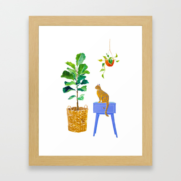 Fiddle Leaf Fig And Cat Framed Art Print By Sunlee Art Society6