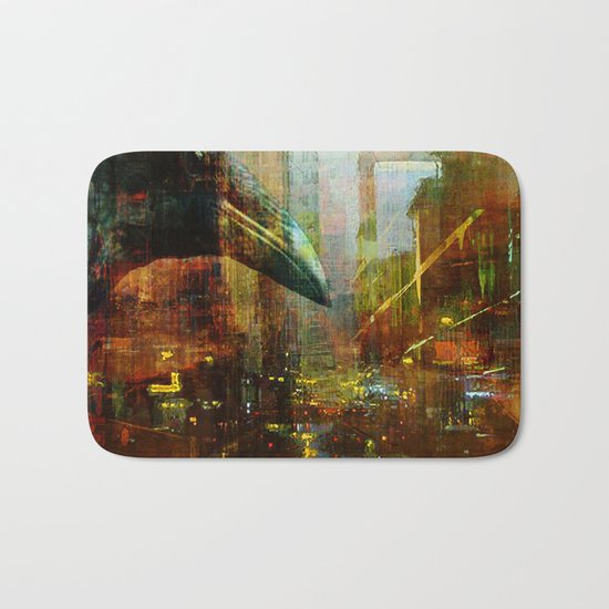 Crow in the geometrical city Bath Mat