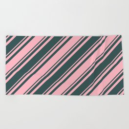 [ Thumbnail: Dark Slate Gray and Light Pink Colored Lined Pattern Beach Towel ]