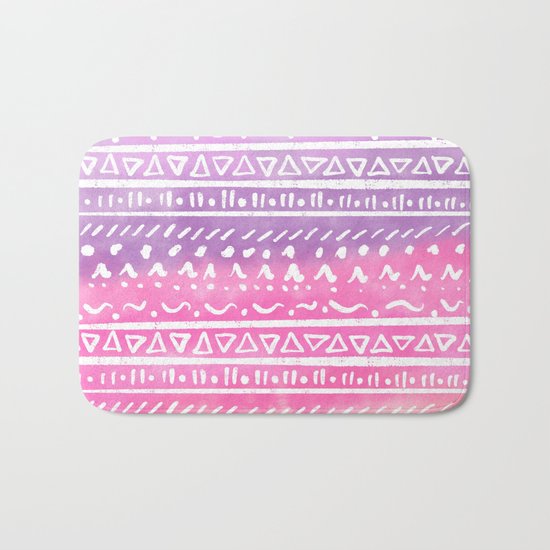 Geometric hand drawn abstract white aztec modern summer pink purple coral ombre watercolor pattern Bath Mat