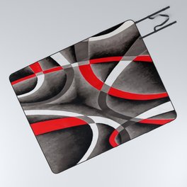 Eighties Red White and Grey Geometrical Curves On Black Picnic Blanket