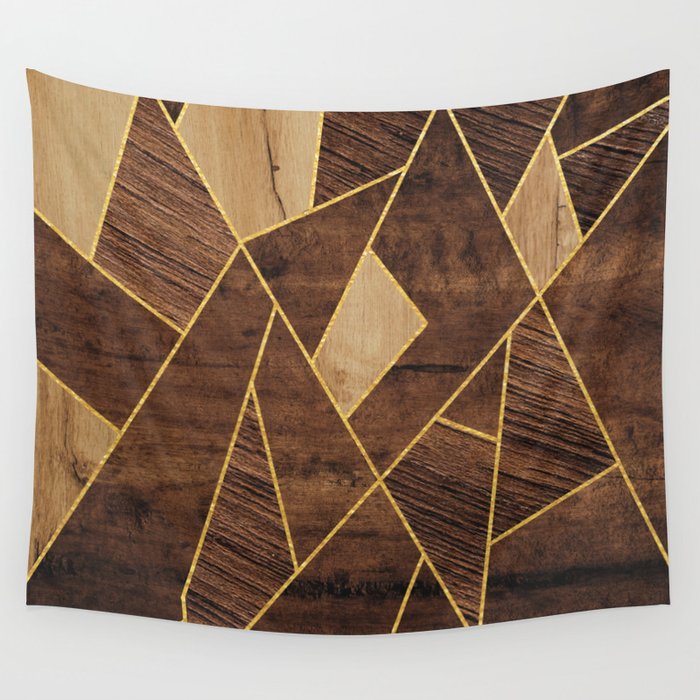 Three Wood Types Blocks Gold Stripes Wall Tapestry