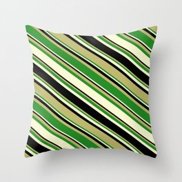 [ Thumbnail: Dark Khaki, Forest Green, Light Yellow, and Black Colored Pattern of Stripes Throw Pillow ]