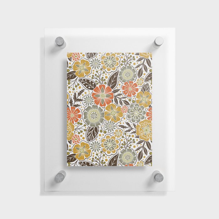 Retro 1970s Floral in Gold, Orange, Olive & Brown Floating Acrylic Print