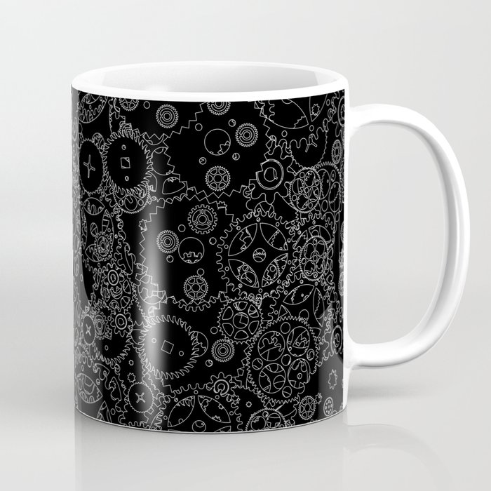 Clockwork B&W inverted / Cogs and clockwork parts lineart pattern Coffee Mug