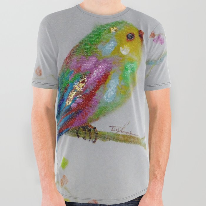 Perched; two songbirds painted buntings watercolor nature portrait painting All Over Graphic Tee