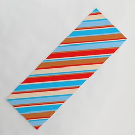 [ Thumbnail: Vibrant Deep Sky Blue, Light Sky Blue, Chocolate, Red & Bisque Colored Striped/Lined Pattern Yoga Mat ]