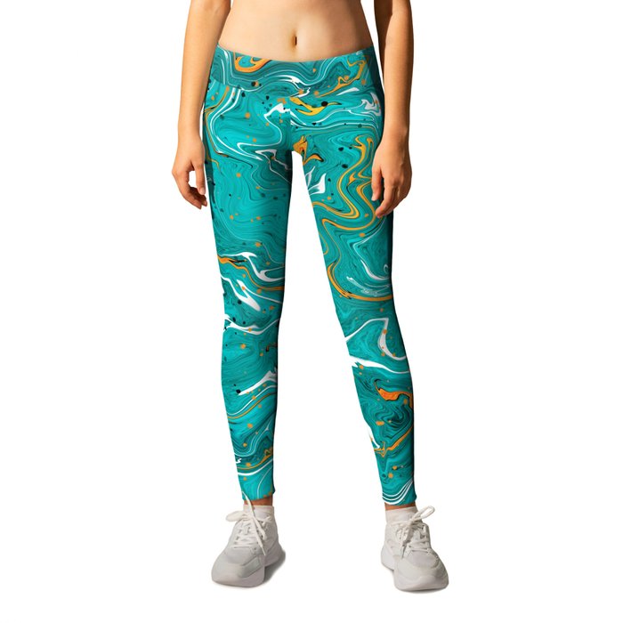 Teal and orange marble texture, turquoise abstract fluid art Leggings