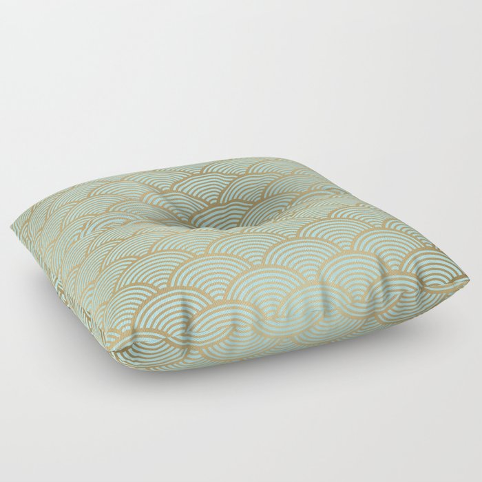 Festive, Art Deco, Wave, Pattern, Green and Gold Floor Pillow