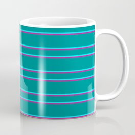 [ Thumbnail: Dark Cyan, Aqua, and Deep Pink Colored Striped Pattern Coffee Mug ]