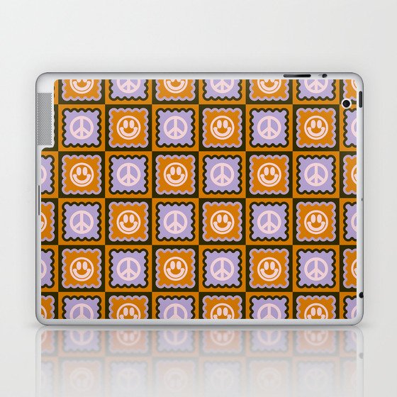 Funky Checkered Smileys and Peace Symbol Pattern (Dark Brown, Ginger Brown, Lilac, Muted Pink) Laptop & iPad Skin